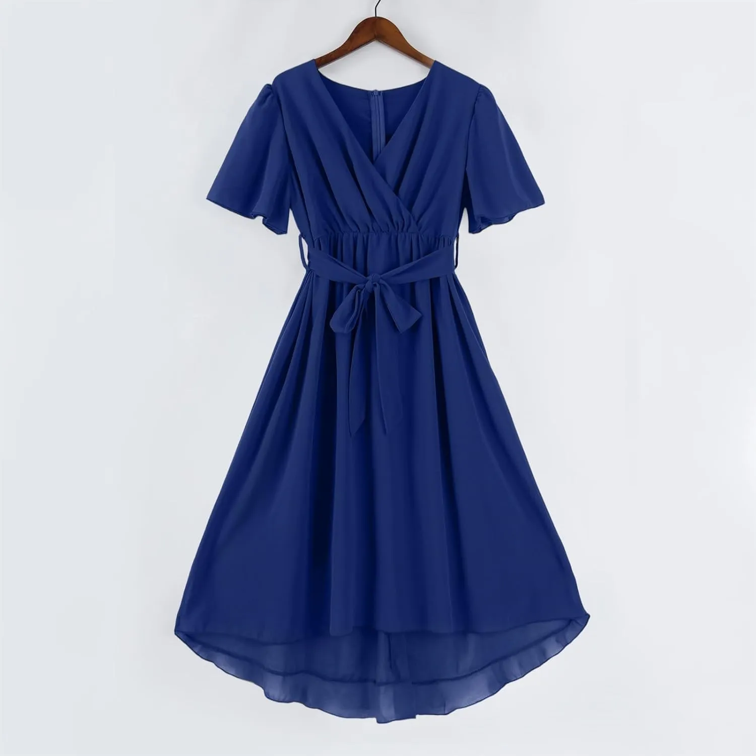 Summer Floral Chiffon Dresses for Women 2025 Midi Trendy Short Sleeve V Neck Tie Elastic Waist Flowy Swing A Line Dress