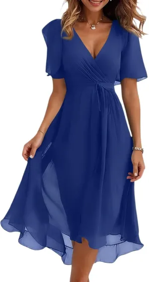 Summer Floral Chiffon Dresses for Women 2025 Midi Trendy Short Sleeve V Neck Tie Elastic Waist Flowy Swing A Line Dress