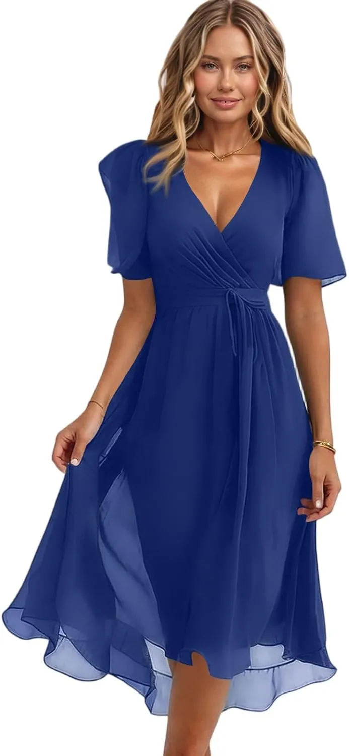 Summer Floral Chiffon Dresses for Women 2025 Midi Trendy Short Sleeve V Neck Tie Elastic Waist Flowy Swing A Line Dress