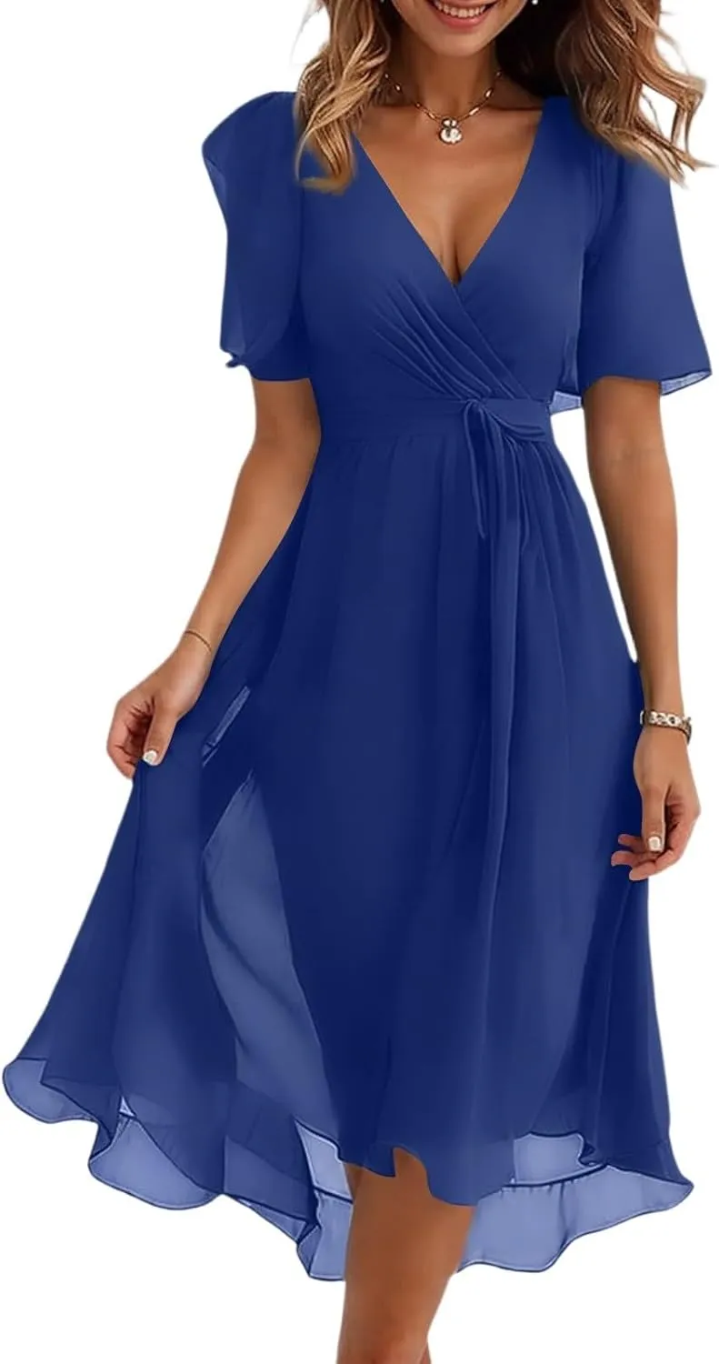 Summer Floral Chiffon Dresses for Women 2025 Midi Trendy Short Sleeve V Neck Tie Elastic Waist Flowy Swing A Line Dress