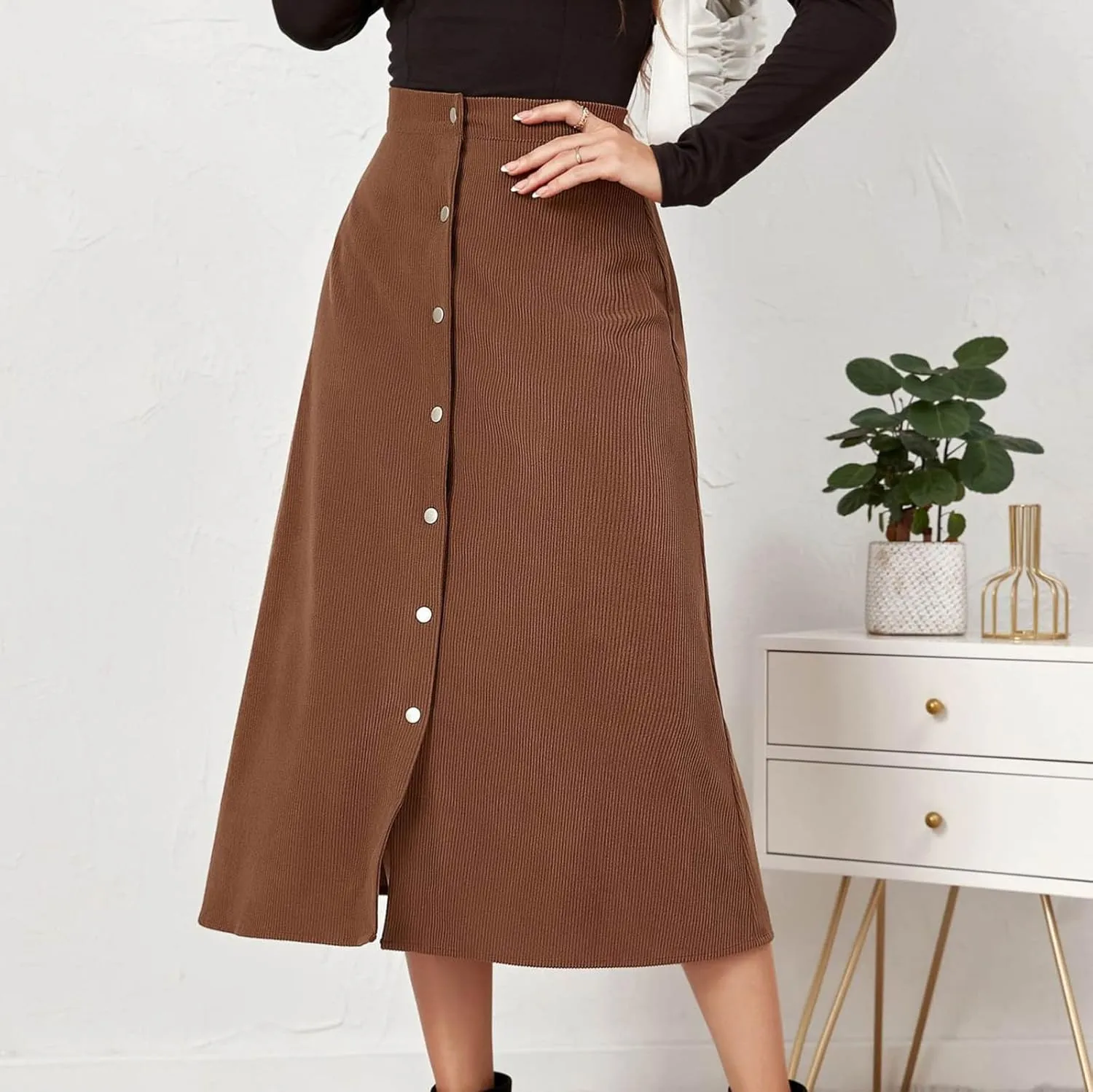 Summer Skirts for Women Vacation Beach Boho Pleated Long Skirt Front Button Elastic Waisted Maxi Skirt with Slit