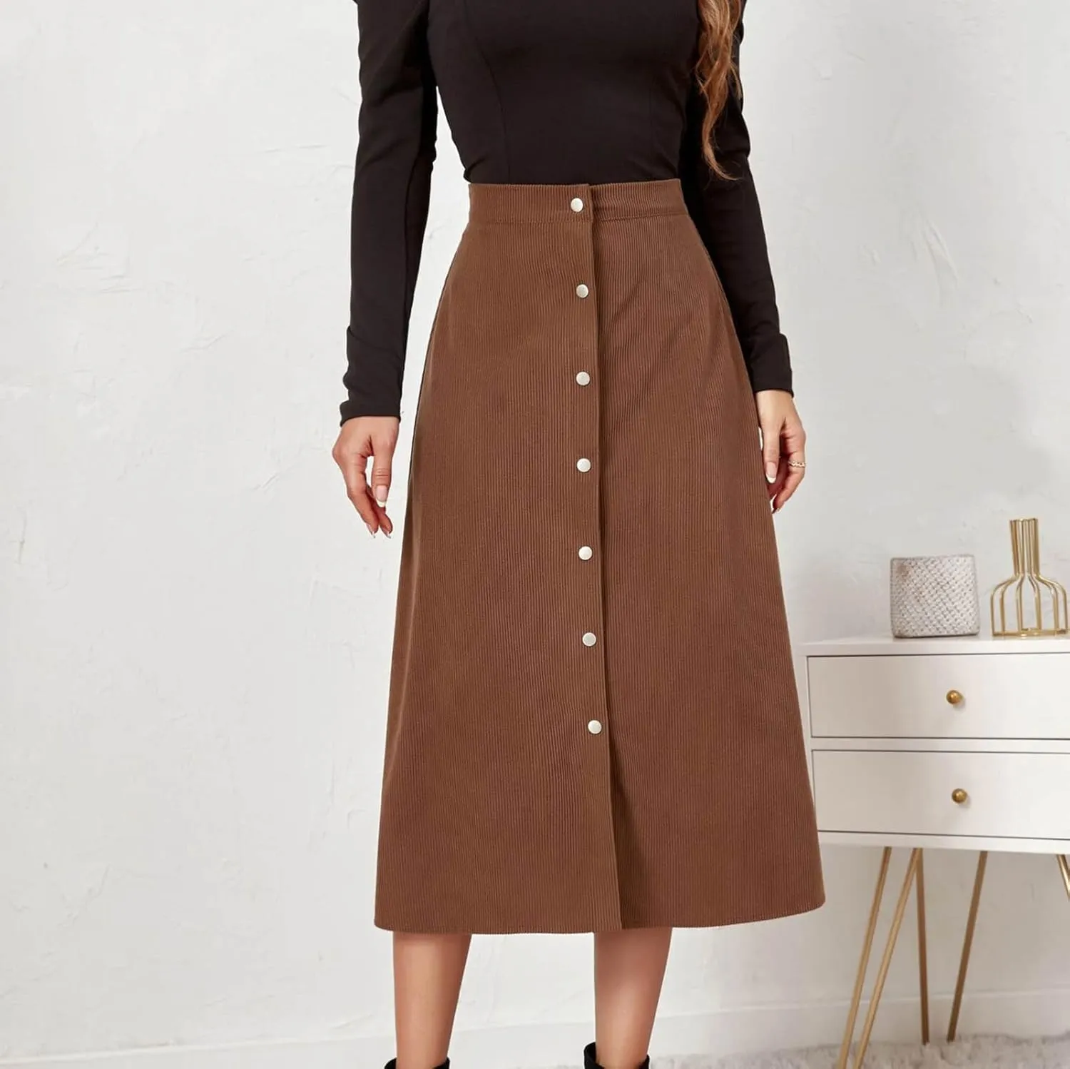 Summer Skirts for Women Vacation Beach Boho Pleated Long Skirt Front Button Elastic Waisted Maxi Skirt with Slit