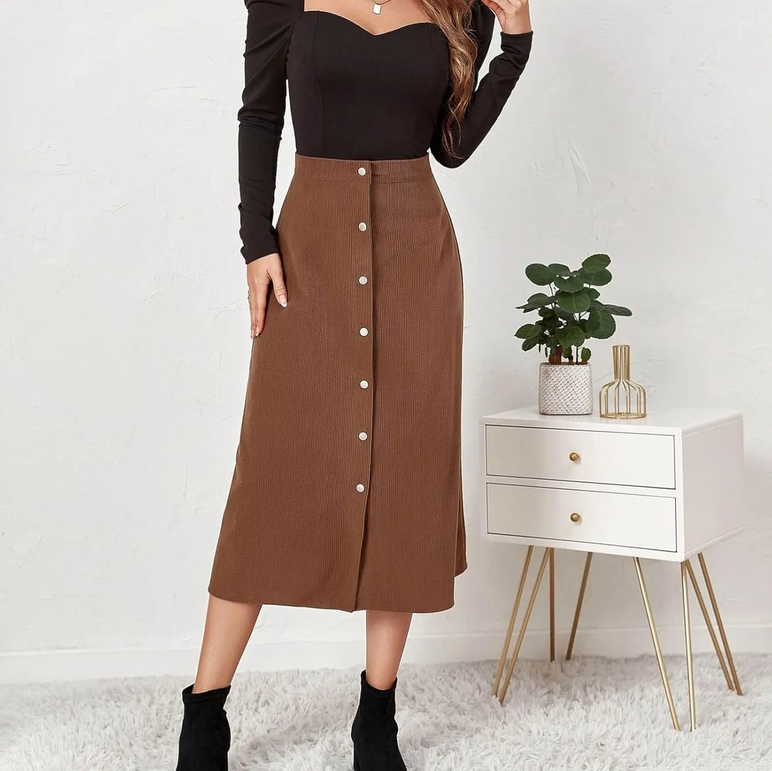 Summer Skirts for Women Vacation Beach Boho Pleated Long Skirt Front Button Elastic Waisted Maxi Skirt with Slit