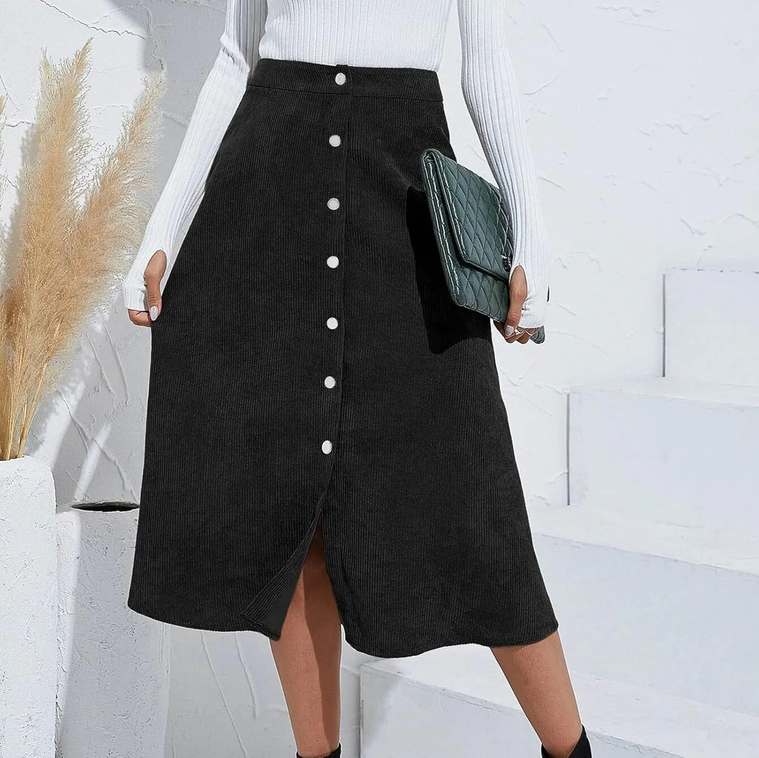 Summer Skirts for Women Vacation Beach Boho Pleated Long Skirt Front Button Elastic Waisted Maxi Skirt with Slit