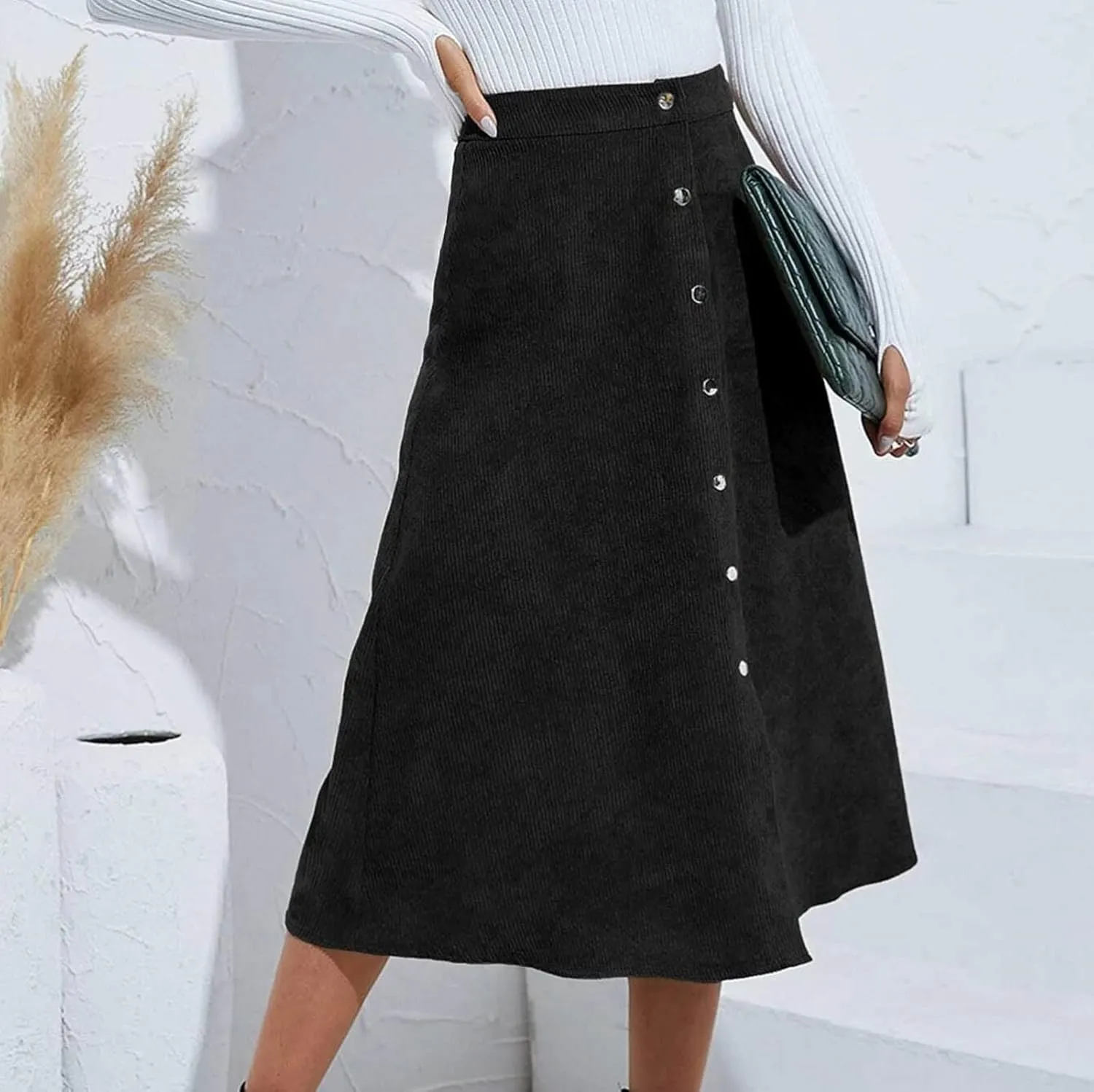 Summer Skirts for Women Vacation Beach Boho Pleated Long Skirt Front Button Elastic Waisted Maxi Skirt with Slit
