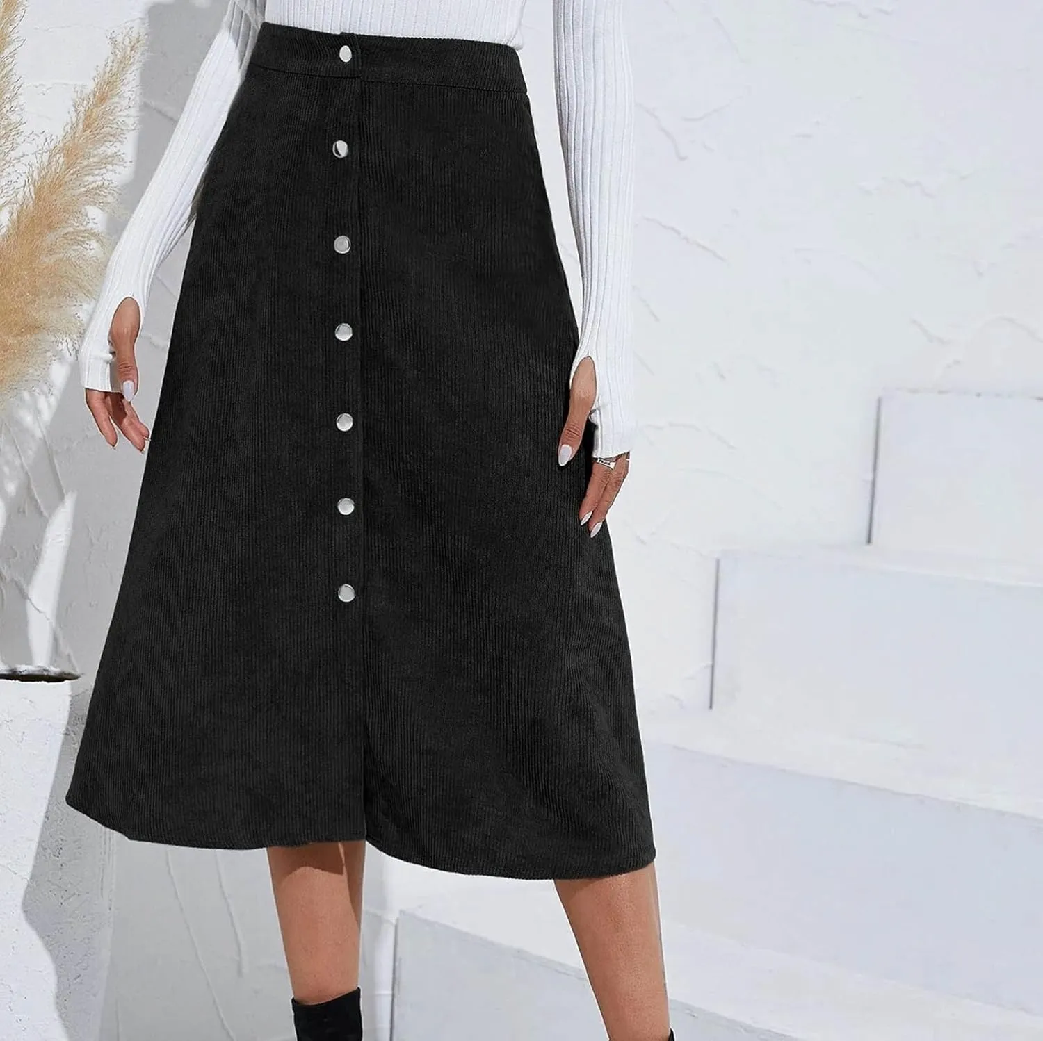 Summer Skirts for Women Vacation Beach Boho Pleated Long Skirt Front Button Elastic Waisted Maxi Skirt with Slit