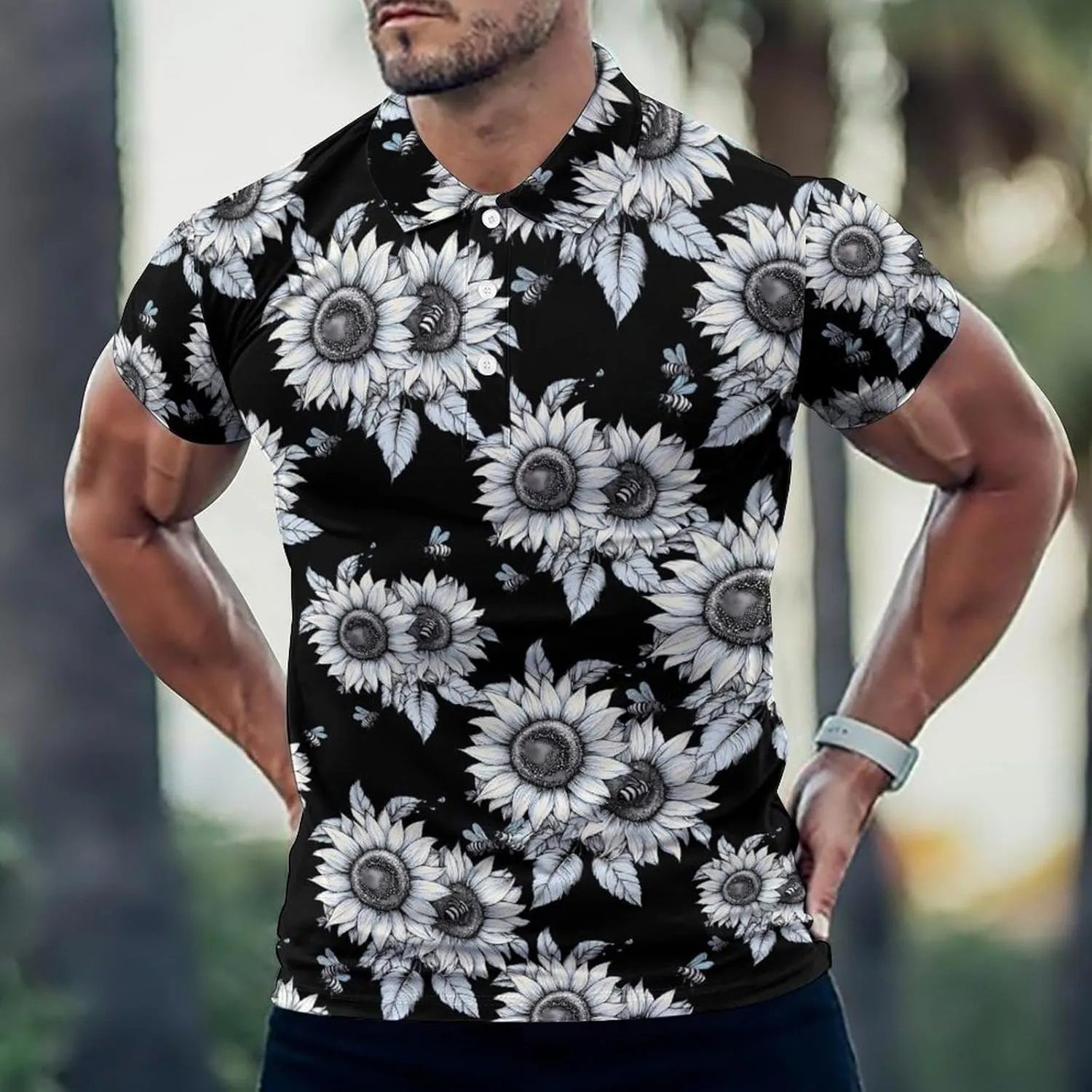 Sunflowers And Bees Mens Polo Shirts Quick Dry Short Sleeve T-shirts Slim Tennis Collared Tees Tops