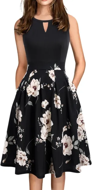 Sureple Women's Retro Sleeveless Swing Casual Work Party Dress with Pockets