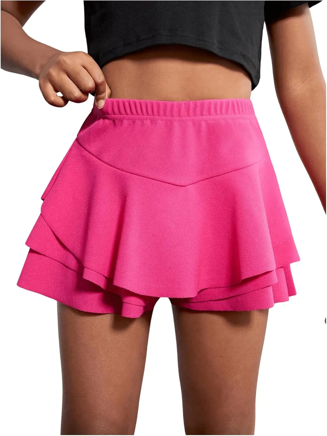 SweatyRocks Girl's Solid Tiered Layer Skorts Ruffle Hem Elastic Waist Skirt Shorts