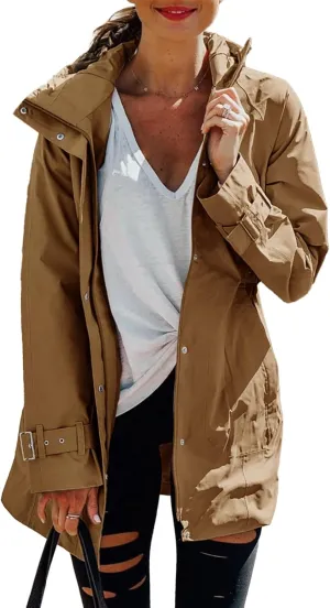 Tankaneo Women's Trench Coat Zip Up Long Sleeve Hooded Jacket Casual Windproof Outwear with Pockets