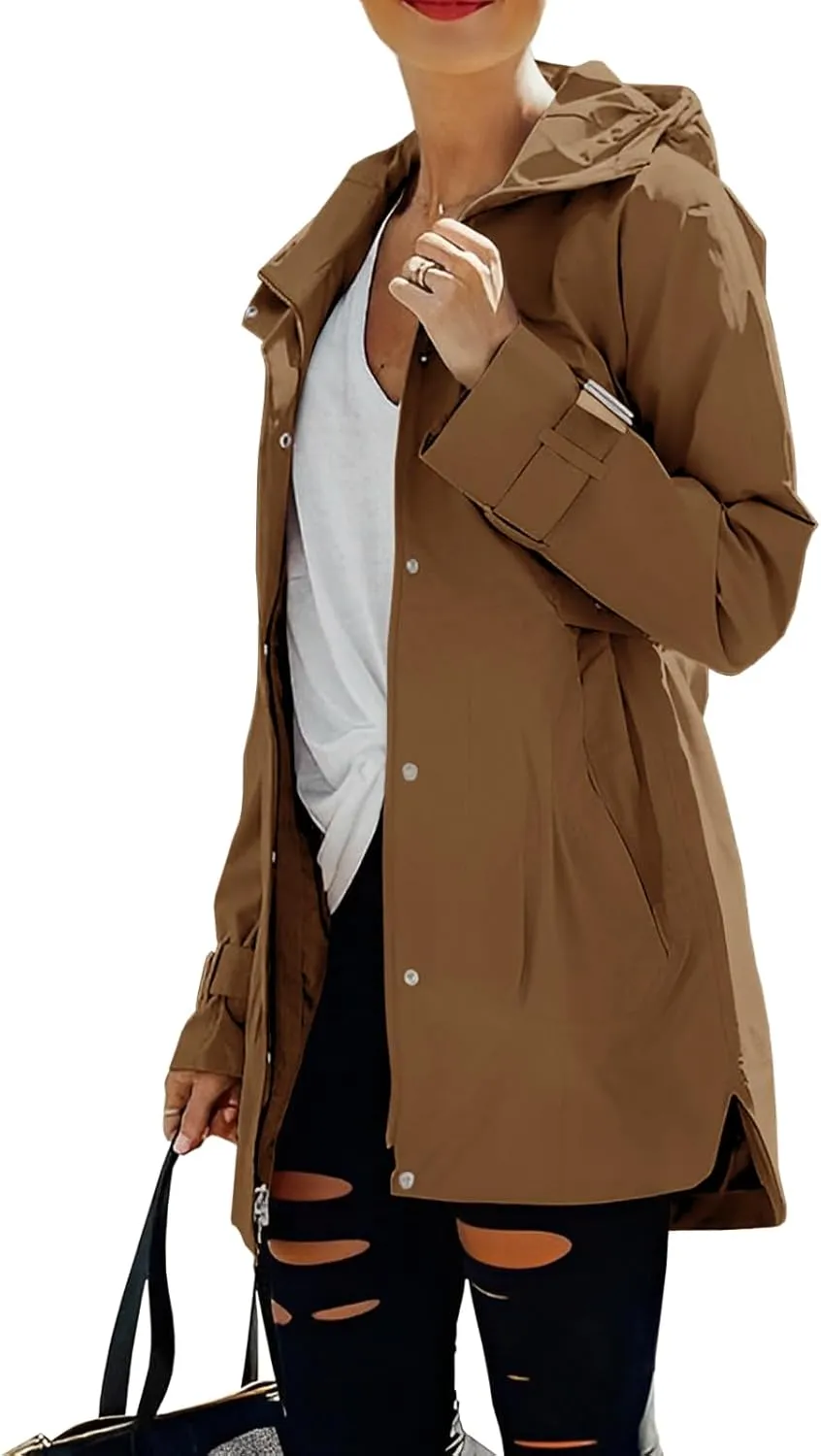 Tankaneo Women's Trench Coat Zip Up Long Sleeve Hooded Jacket Casual Windproof Outwear with Pockets