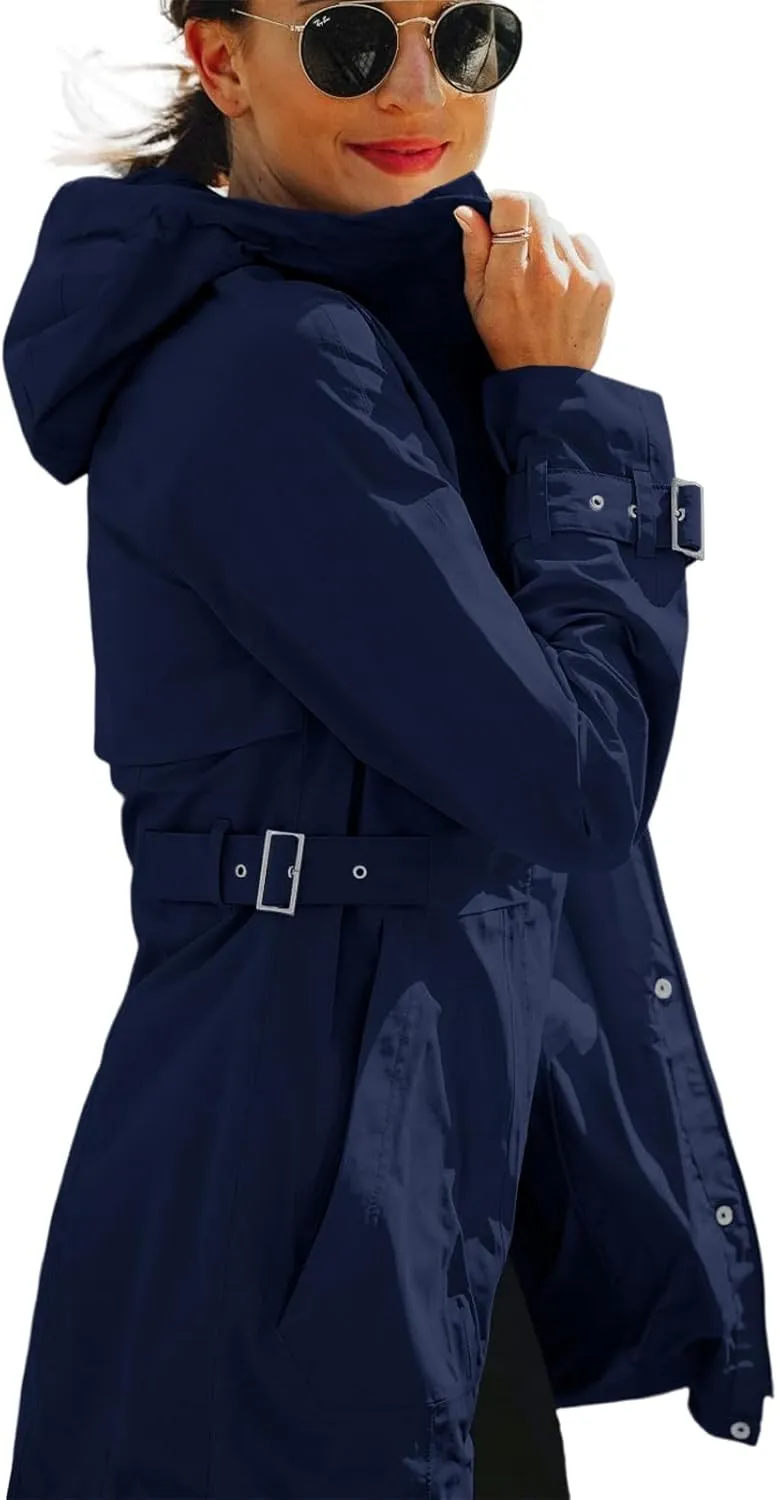 Tankaneo Women's Trench Coat Zip Up Long Sleeve Hooded Jacket Casual Windproof Outwear with Pockets
