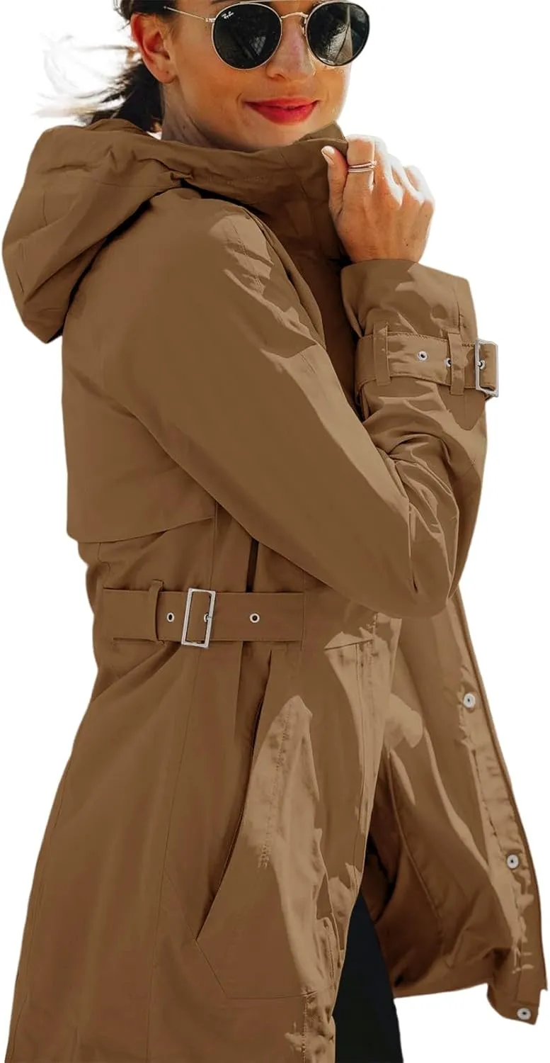Tankaneo Women's Trench Coat Zip Up Long Sleeve Hooded Jacket Casual Windproof Outwear with Pockets