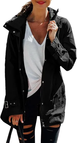 Tankaneo Women's Trench Coat Zip Up Long Sleeve Hooded Jacket Casual Windproof Outwear with Pockets