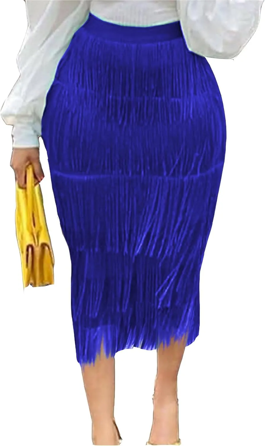 Tcremisa Women's Fringe Skirt High Waist Tassels Skirt Solid Stretchy Club Party Midi Skirts
