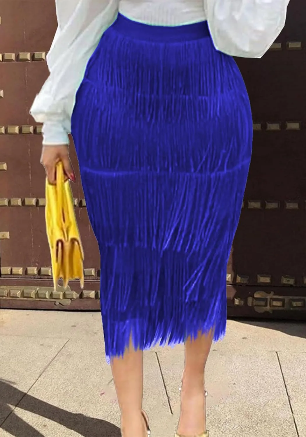 Tcremisa Women's Fringe Skirt High Waist Tassels Skirt Solid Stretchy Club Party Midi Skirts