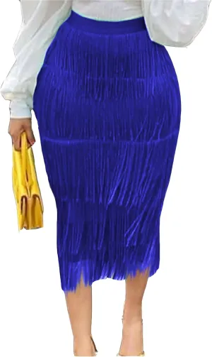 Tcremisa Women's Fringe Skirt High Waist Tassels Skirt Solid Stretchy Club Party Midi Skirts