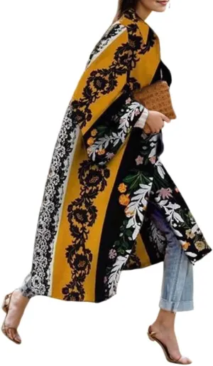 TIAFORD Women's Fall Winter Knee Length Trench Coat Casual Plus Size Floral Print Long Sleeve Turn Down Collar Long Pea Coats