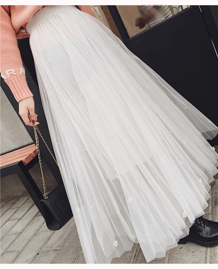 Tulle Beads High Waist Long Swing Skirt