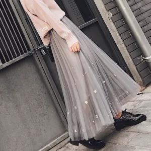 Tulle Beads High Waist Long Swing Skirt