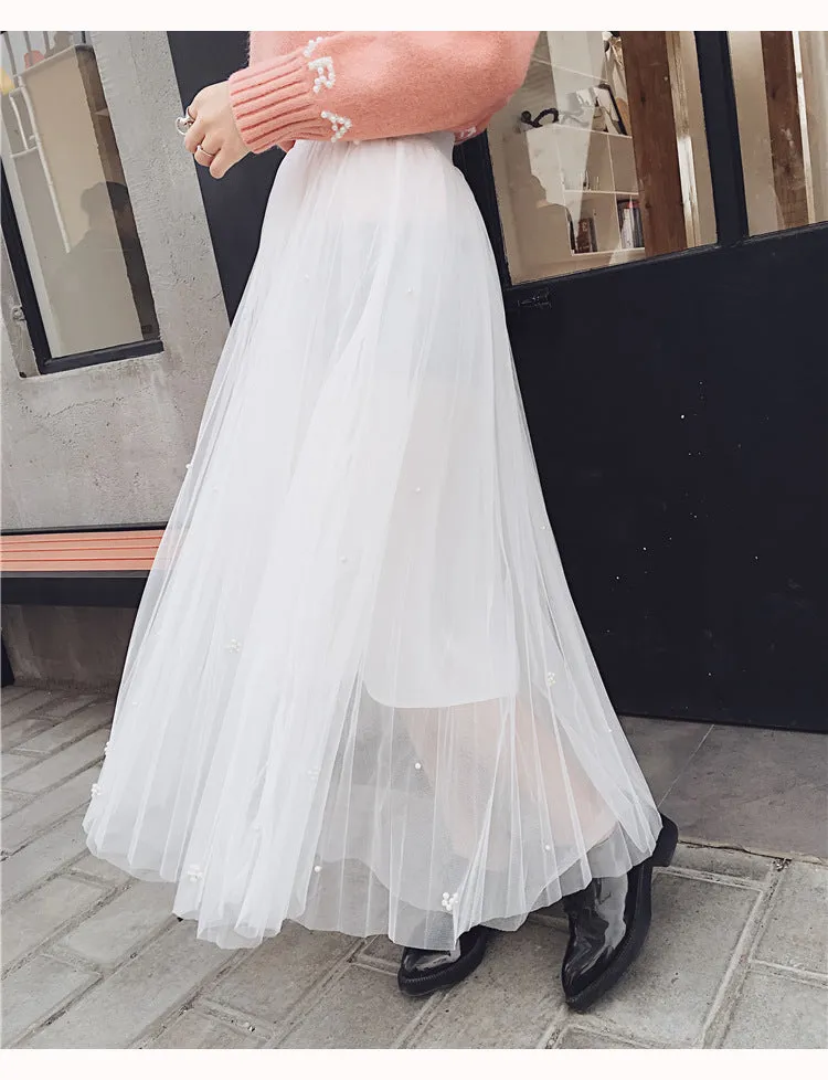 Tulle Beads High Waist Long Swing Skirt