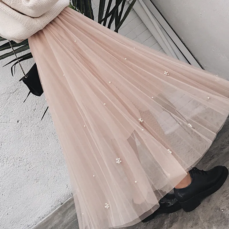 Tulle Beads High Waist Long Swing Skirt