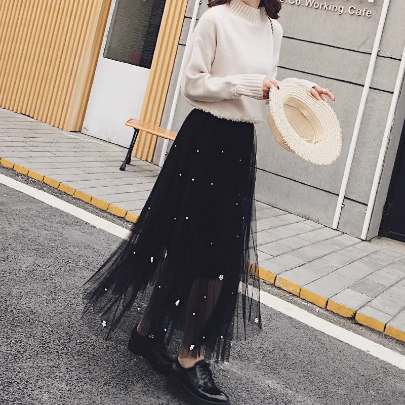 Tulle Beads High Waist Long Swing Skirt
