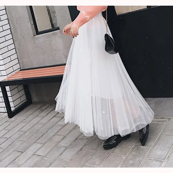 Tulle Beads High Waist Long Swing Skirt