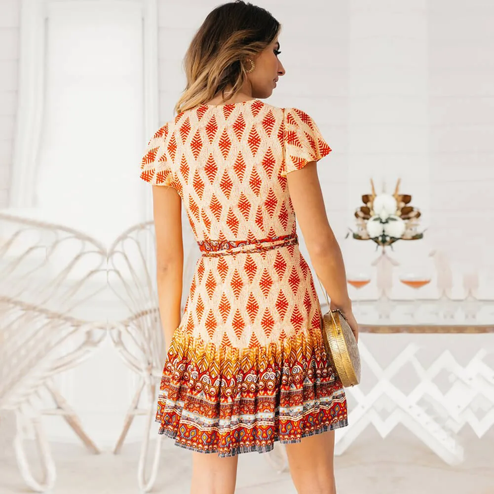 V-neck Short Sleeves Short Floral Wrap Dress