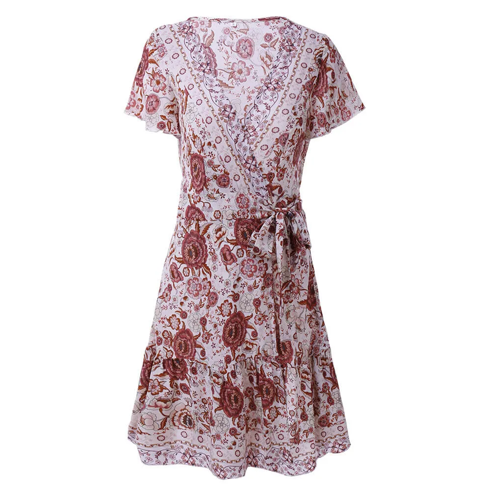 V-neck Short Sleeves Short Floral Wrap Dress
