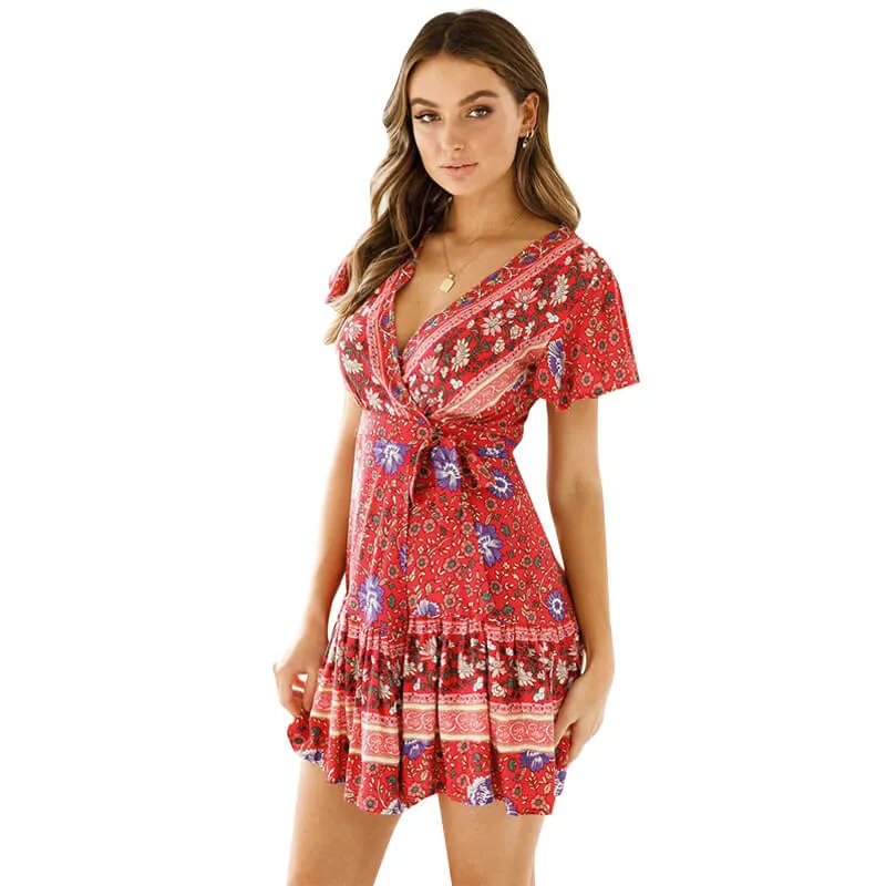 V-neck Short Sleeves Short Floral Wrap Dress
