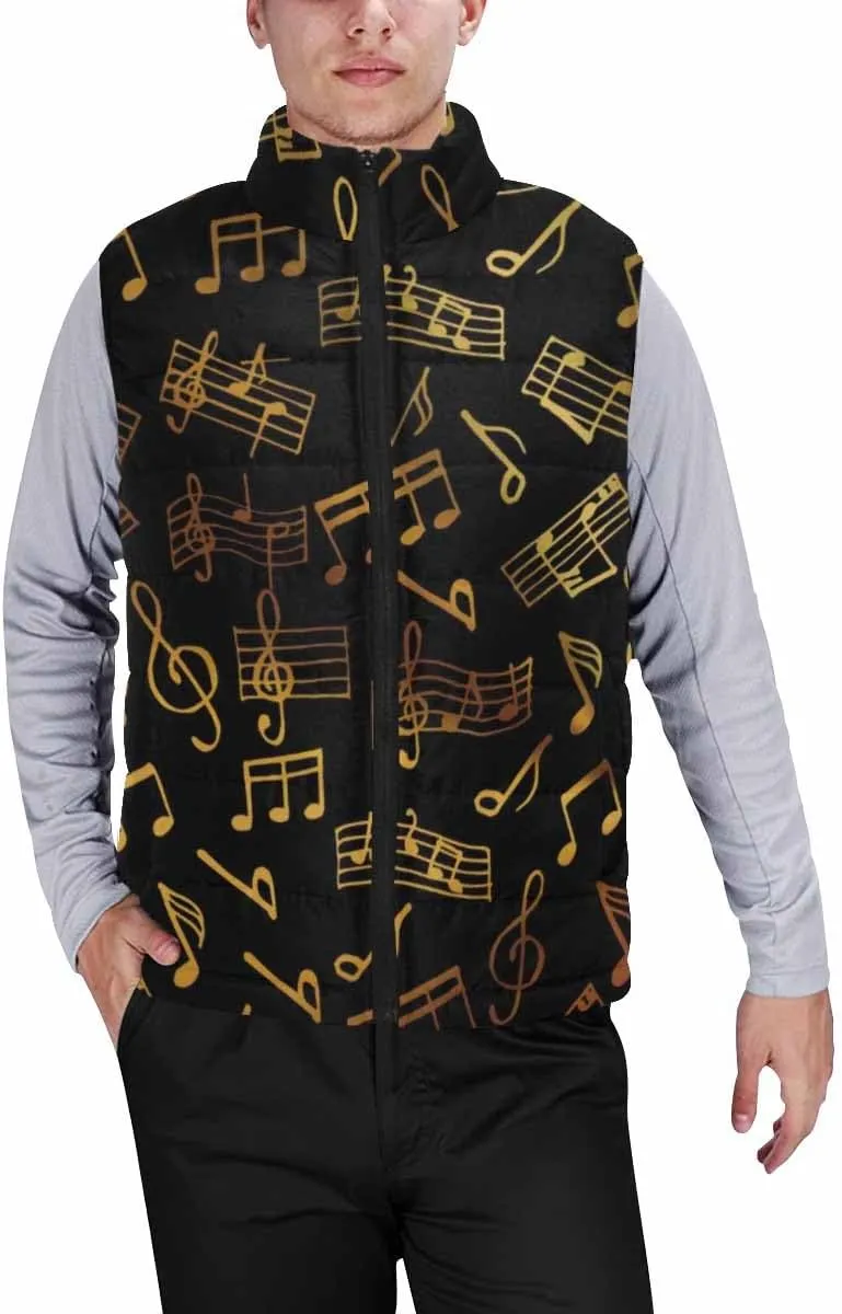 Vests For Men Music Notes Pattern Men's Warm Puffer Vest Outdoor Sleeveless Jacket For Golf Hiking Casual Travel