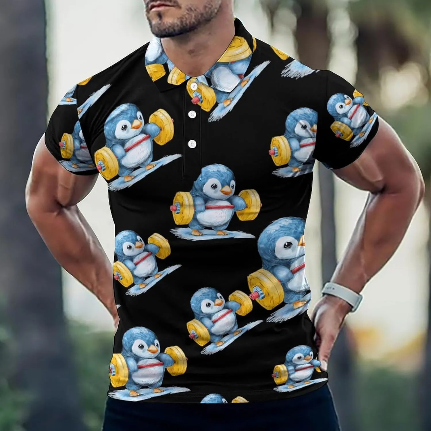 Weightlifting Penguin Mens Polo Shirts Quick Dry Short Sleeve T-shirts Slim Tennis Collared Tees Tops
