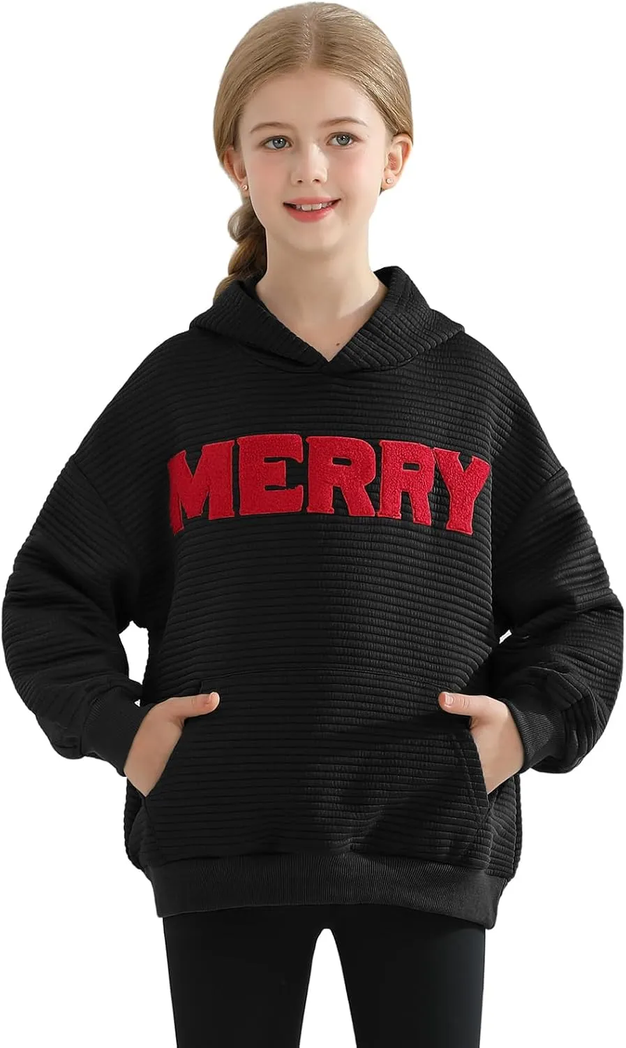 Weixinbuy Unisex Kids Christmas Sweatshirt Merry Graphic Crewneck Kangaroo Pocket Oversized Hoodie for Boys Girls 7-14Y