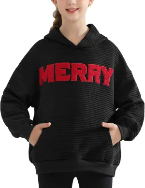 Weixinbuy Unisex Kids Christmas Sweatshirt Merry Graphic Crewneck Kangaroo Pocket Oversized Hoodie for Boys Girls 7-14Y