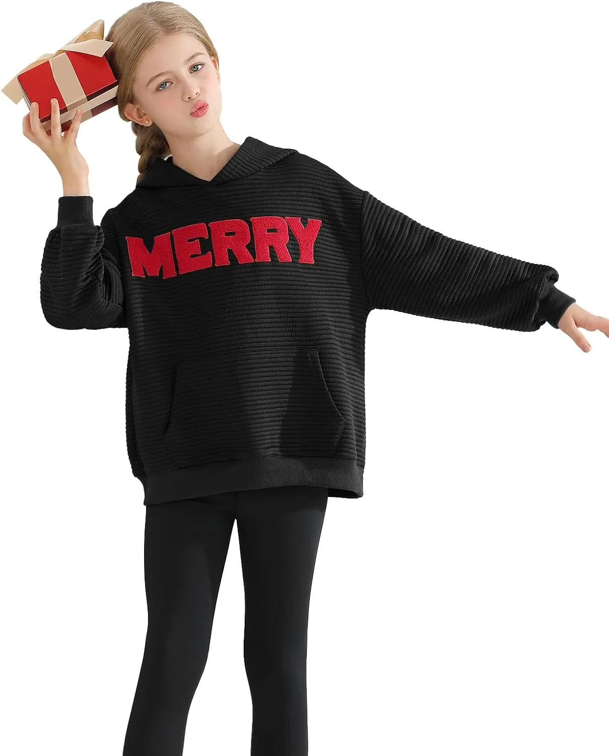 Weixinbuy Unisex Kids Christmas Sweatshirt Merry Graphic Crewneck Kangaroo Pocket Oversized Hoodie for Boys Girls 7-14Y