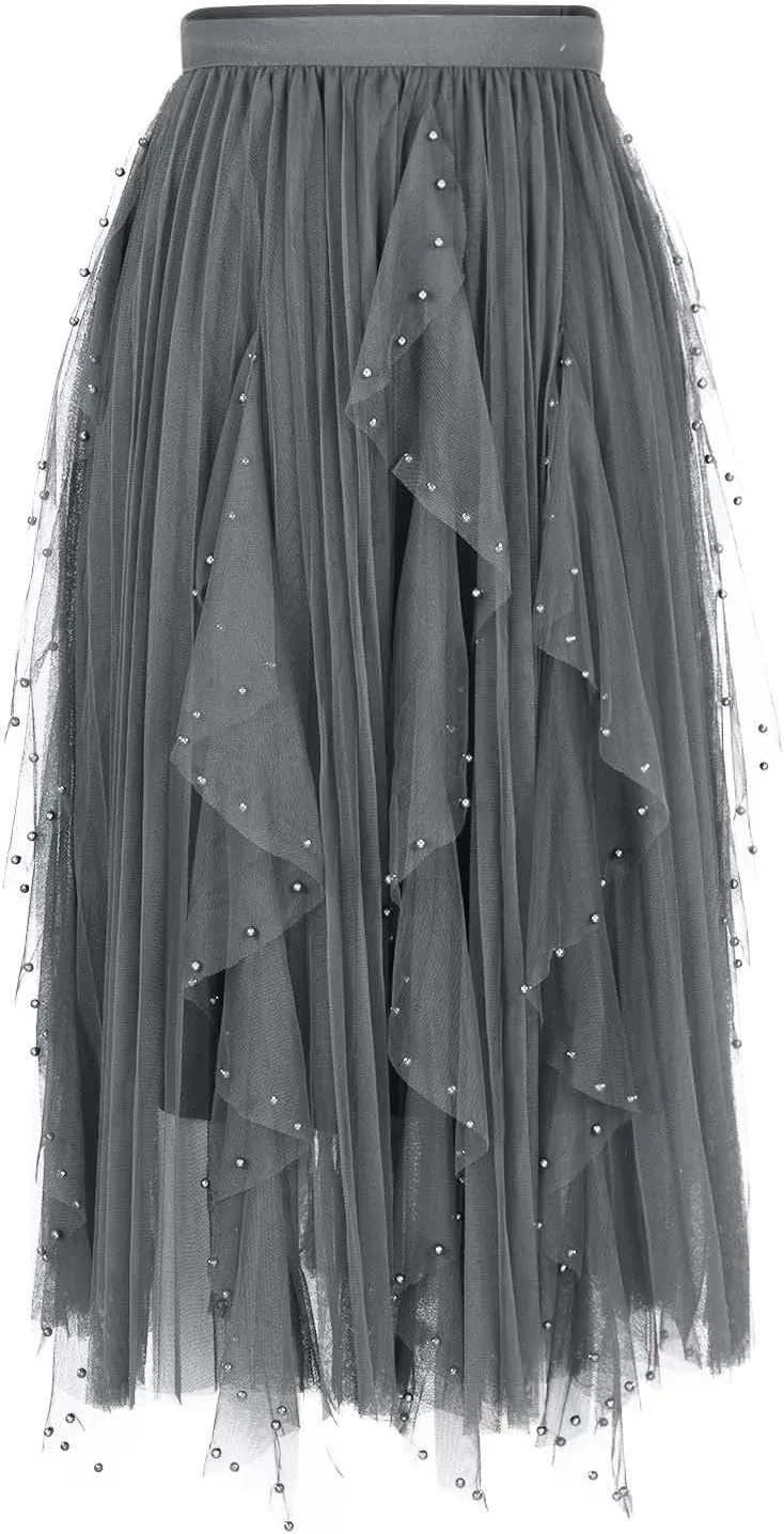 Women Beading Trim Tulle Skirts Ruffle Pleated Midi Length Tutu Skirts Elastic High Waisted Elegant A Line Skirt