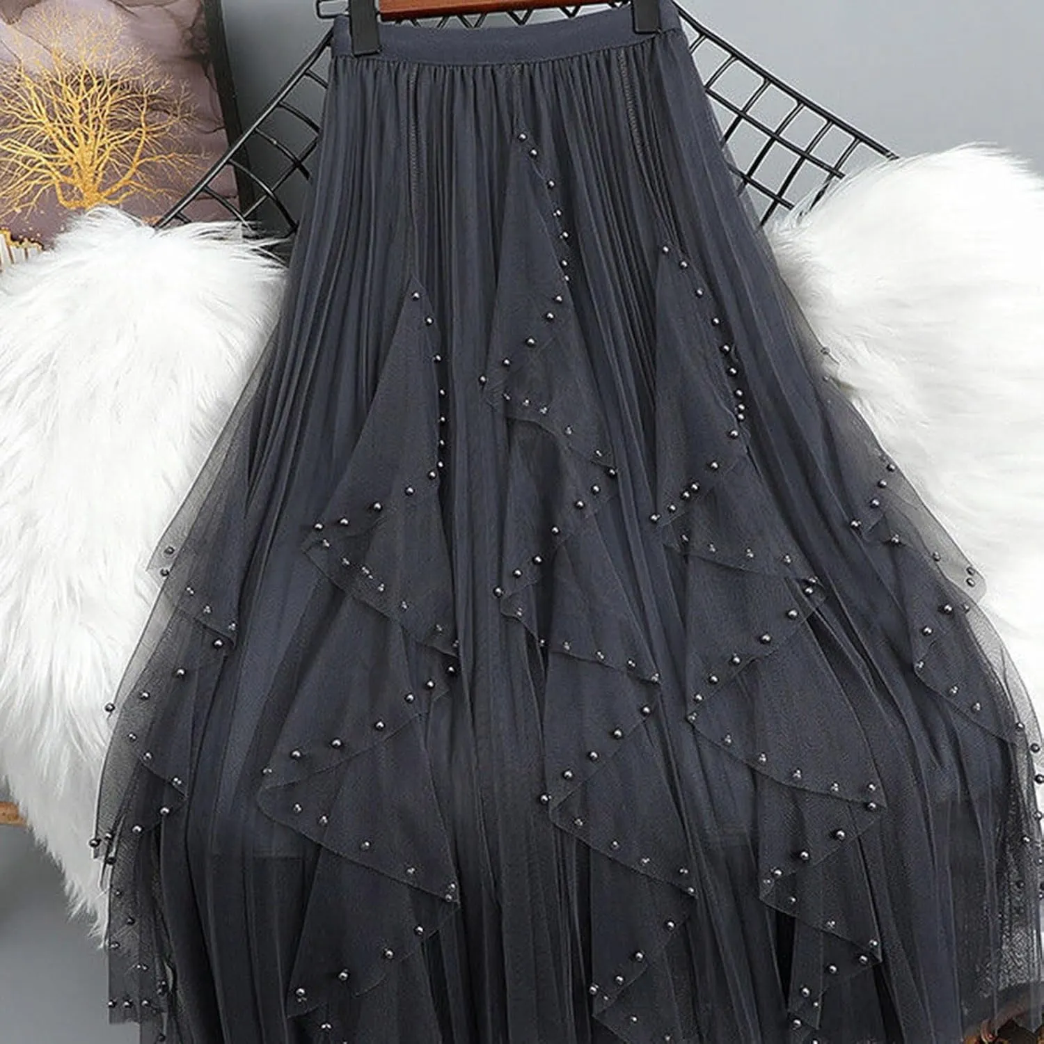 Women Beading Trim Tulle Skirts Ruffle Pleated Midi Length Tutu Skirts Elastic High Waisted Elegant A Line Skirt