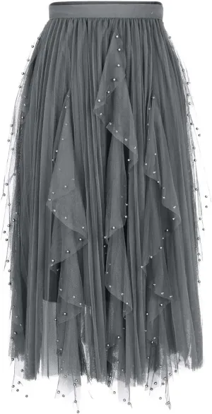Women Beading Trim Tulle Skirts Ruffle Pleated Midi Length Tutu Skirts Elastic High Waisted Elegant A Line Skirt