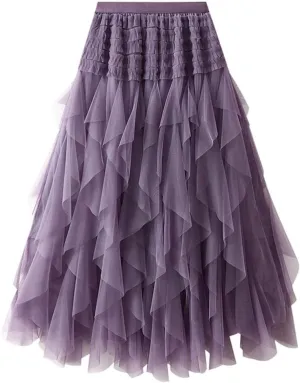 Women High ElasticFairy Tulle Skirt Irregular Hem Pleated Tutu A-Line Midi Skirts
