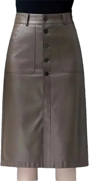 Women Leather Skirt Elegant PU Long Midi Skirt High Waist Split Package Hip Skirt