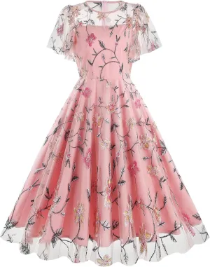 Women Mesh Floral Embroidery Vintage Cocktail Swing Dress Ruffle Sleeve Embroidered Floral Dress for Women Tulle Prom Dress