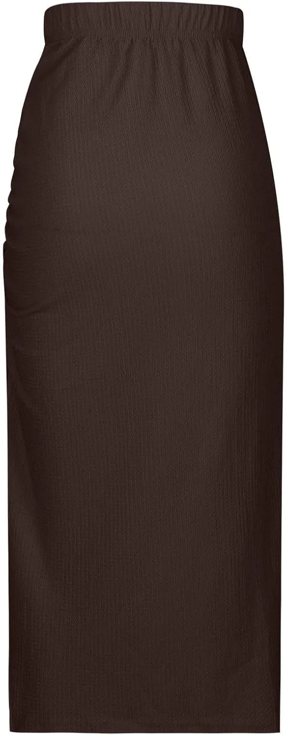 Women Ruched Side Split Pencil Skirt Dressy High Waist Bodycon Midi Skirts Casual Elegant Office Work Long Skirt