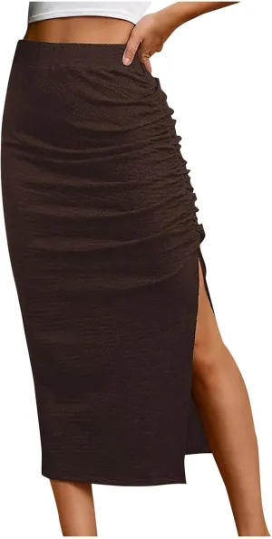 Women Ruched Side Split Pencil Skirt Dressy High Waist Bodycon Midi Skirts Casual Elegant Office Work Long Skirt