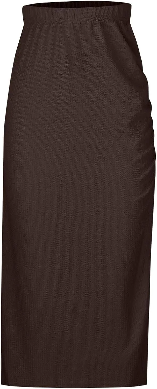 Women Ruched Side Split Pencil Skirt Dressy High Waist Bodycon Midi Skirts Casual Elegant Office Work Long Skirt