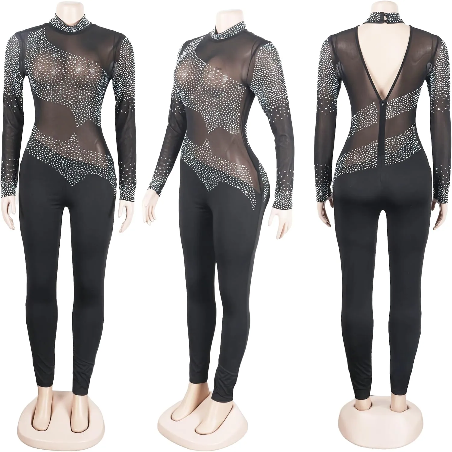 Women Sexy Rhinestone Sequins Bodycon Jumpsuit Mesh See Through Party Club Bodysuits