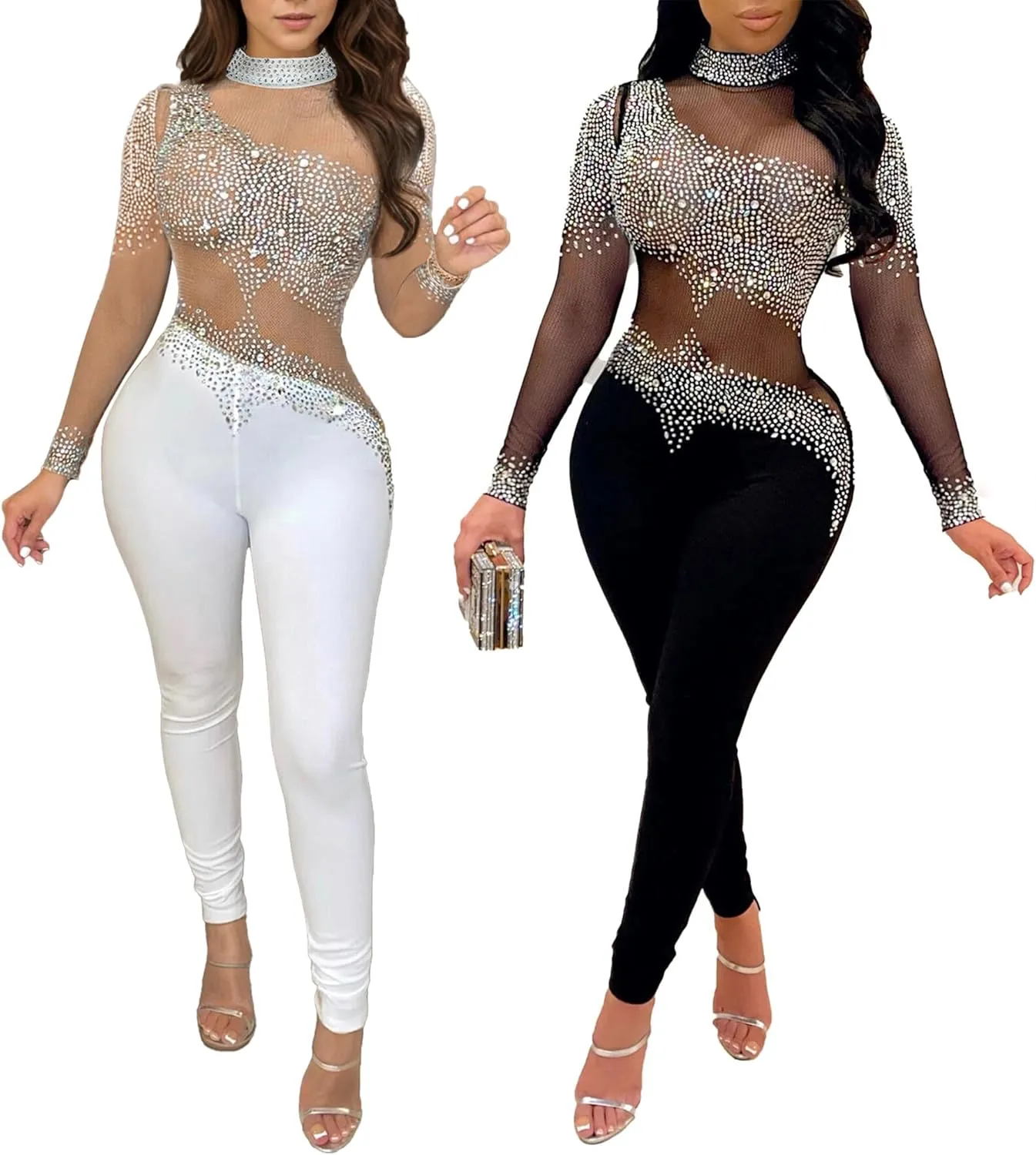 Women Sexy Rhinestone Sequins Bodycon Jumpsuit Mesh See Through Party Club Bodysuits