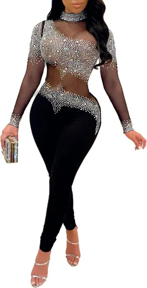Women Sexy Rhinestone Sequins Bodycon Jumpsuit Mesh See Through Party Club Bodysuits