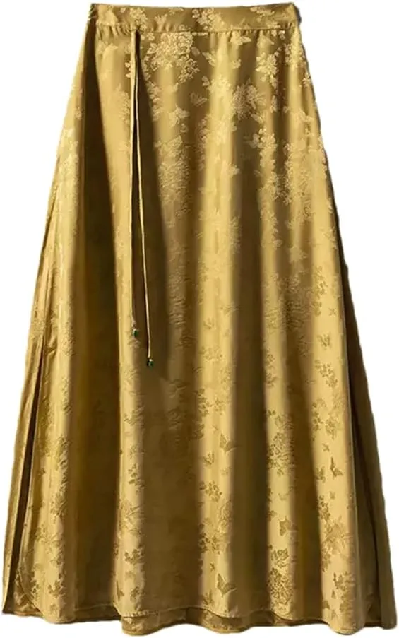 Women Silk Elegant Skirts High Waist Jacquard Skirts Chinese A-Line Floral Midi Skirt