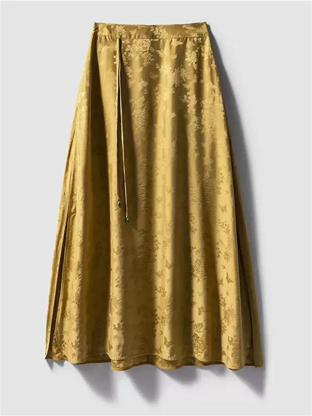 Women Silk Elegant Skirts High Waist Jacquard Skirts Chinese A-Line Floral Midi Skirt